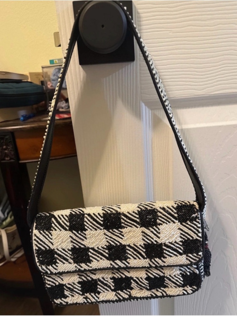 Black Swan Black & White Checker Beaded Shoulder Bag